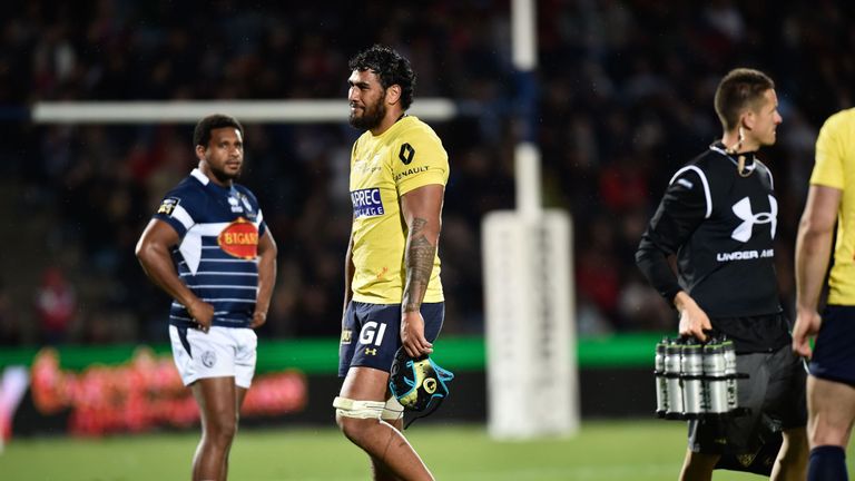 Clermont's Sebastien Vahaamahina leaves the field after being sent off against Agen