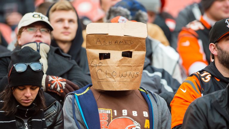 CLEVELAND, OH - DECEMBER 6: A Cleveland Browns fan expresses their disappointment with the team during the second half against the Cincinnati Bengals at FirstEnergy Stadium on December 6, 2015 in Cleveland, Ohio. The Bengals defeated the Browns 37-3. (Photo by Jason Miller/Getty Images) *** Local Caption ***