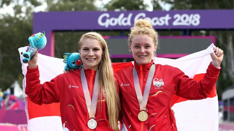 England's Evie Richards (left) and Annie Last pose after winning silver and gold in the Women's Cross-country