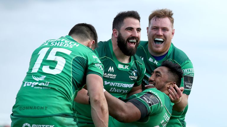 Guinness PRO14, Sportsground, Galway 28/4/2018.Connacht vs Leinster.Connacht's Bundee Aki celebrates his try with Tiernan O'Halloran, Peter McCabe and Conor Carey.Mandatory Credit ..INPHO/Dan Sheridan
