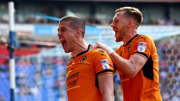 Wolverhampton Wanderers' Conor Coady celebrates scoring his side's fourth goal of the game with Barry Douglas (right)