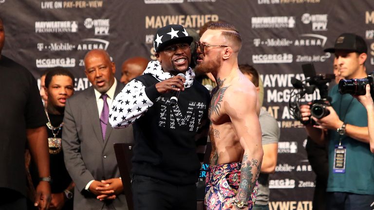 speaks during the Floyd Mayweather Jr. v Conor McGregor World Press Tour event at Barclays Center on July 13, 2017 in the Brooklyn borough of New York City.