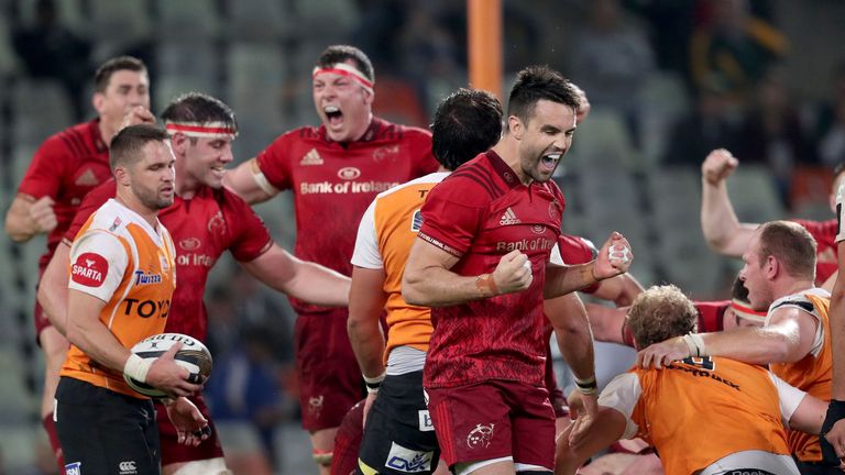 Guinness PRO14, Toyota Stadium, Bloemfontein, South Africa 13/4/2018.Toyota Cheetahs vs Munster.Munster's Conor Murray celebrates his side's penalty just before the final whistle.Mandatory Credit ..INPHO/Dan Sheridan