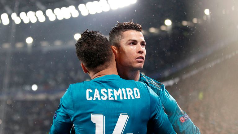 Cristiano Ronaldo and Casemiro celebrate after Real Madrid's opener against Juventus