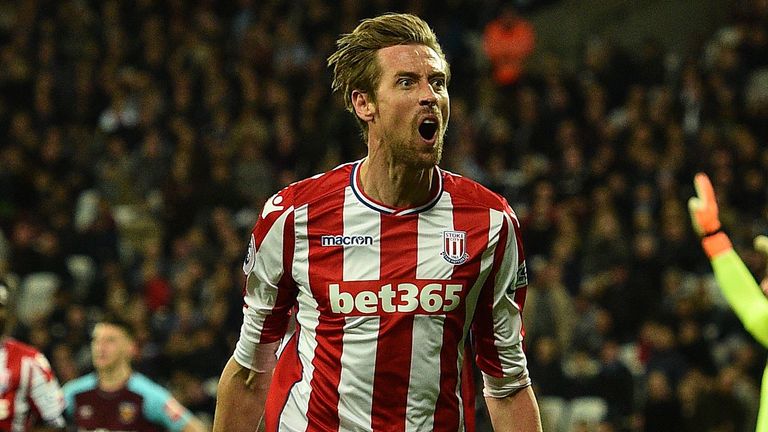 Peter Crouch celebrates after scoring for Stoke against West Ham in the Premier League.