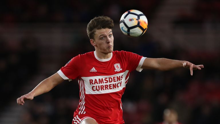 Dael Fry of Middlesborough controls the ball during the FA Cup Fourth Round tie with Brighton