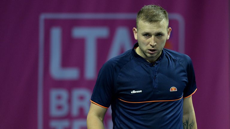 Dan Evans of Great Britain in action during his singles qualifying match with Edward Corrie of Great Britain on the first day of The Glasgow Trophy at Scotstoun Leisure Centre on April 28, 2018 in Glasgow, Scotland