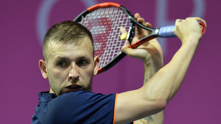 Dan Evans of Great Britain in action during his singles qualifying match with Sam Barry of Ireland on the second day of The Glasgow Trophy at Scotstoun Leisure Centre on April 29, 2018 in Glasgow, Scotland