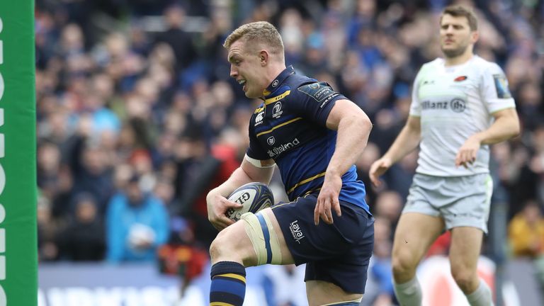 Leinster's Dan Leavy scores a try during the quarter final of the European Champions Cup match at The Aviva Stadium, Dublin. PRESS ASSOCIATION Photo. Picture date: Sunday April 1, 2018. See PA story RUGBYU Leinster. Photo credit should read: Lorraine O'Sullivan/PA Wire. RESTRICTIONS: Editorial use only, No commercial use without prior permission.