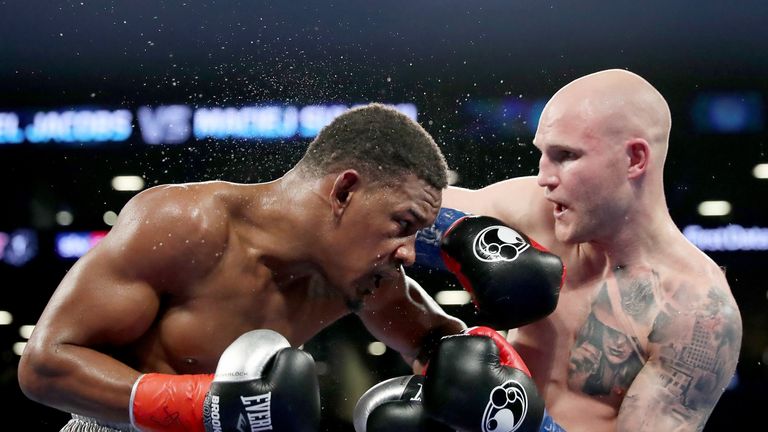 Daniel Jacobs of the USA       Maciej Sulecki of Poland during their WBA World Middleweight Title bout at Barclays Center on April 28, 2018 in the Brooklyn borough of  New York City.