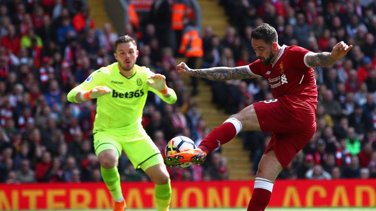 Danny Ings and Jack Butland during the Premier League match between Liverpool and Stoke City at Anfield