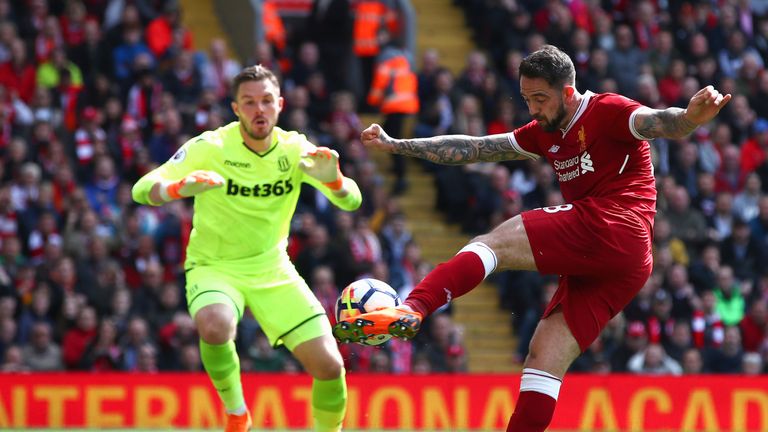 Danny Ings scores a goal which is later disallowed for offside during the Premier League match between Liverpool and Stoke City at Anfield on April 28, 2018
