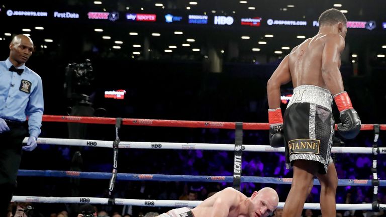 Daniel Jacobs of the USA       Maciej Sulecki of Poland during their WBA World Middleweight Title bout at Barclays Center on April 28, 2018 in the Brooklyn borough of  New York City.