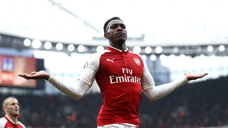 Danny Welbeck celebrates scoring  Arsenal's third goal during the Premier League match against Southampton at the Emirates Stadium on April 8, 2018