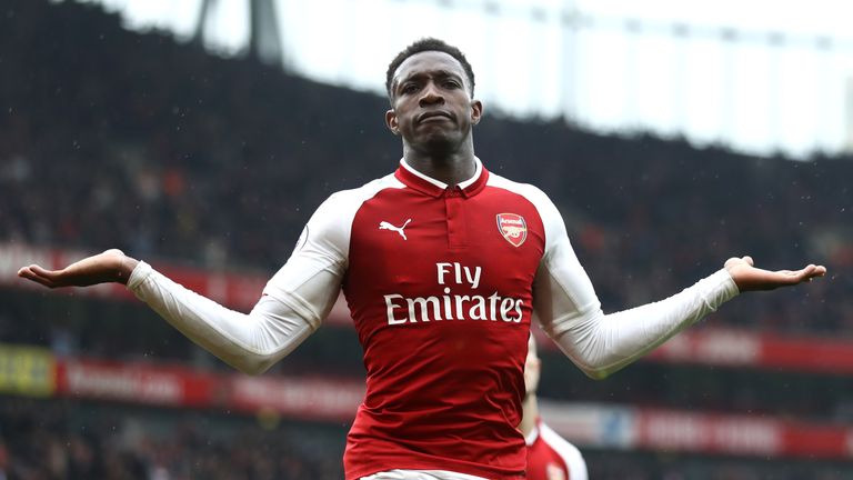 Danny Welbeck celebrates scoring Arsenal's third goal during the Premier League match against Southampton at the Emirates Stadium on April 8, 2018