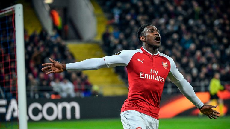 Arsenal's English striker Danny Welbeck celebrates a goal during the UEFA Europa League second leg quarter-final football match between CSKA Moscow and Arsenal at VEB Arena stadium in Moscow on April 12, 2018.
