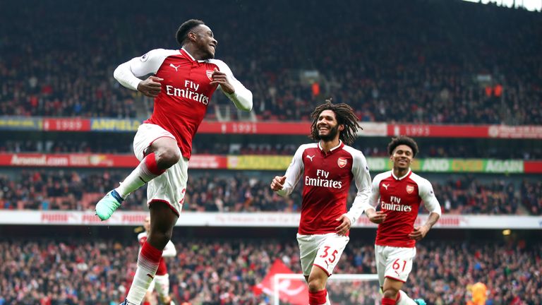 Danny Welbeck celebrates scoring Arsenal's second goal against Southampton at the Emirates