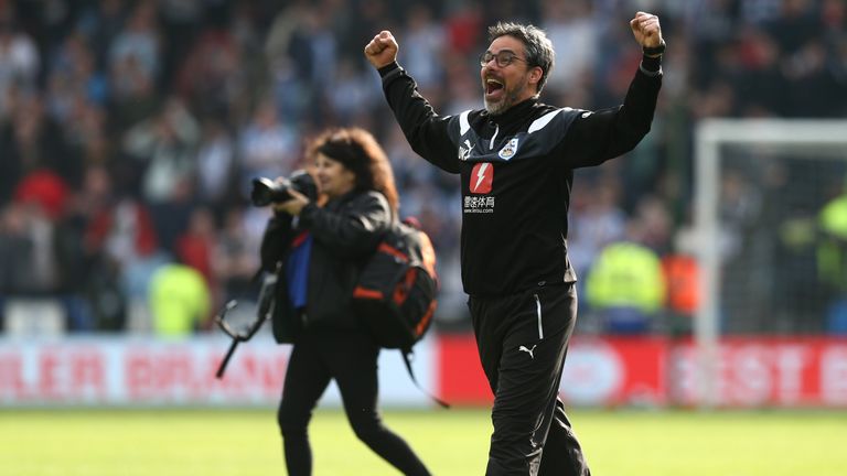 David Wagner celebrates after the Premier League match between Huddersfield Town and Watford at John Smith's Stadium on April 14, 2018 in Huddersfield, England.
