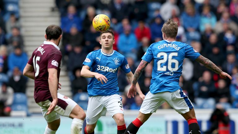 Rangers' Declan John and Jason Cummings (right) battle for the ball with Hearts' Connor Randall…
