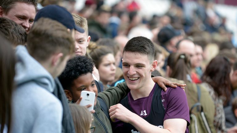 LONDON, ENGLAND - APRIL 03: Declan Rice of West Ham United during Training at The Family Fun Day in The London Stadium on April 03, 2018 in London, England.  (Photo by James Griffiths/West Ham United via Getty Images)