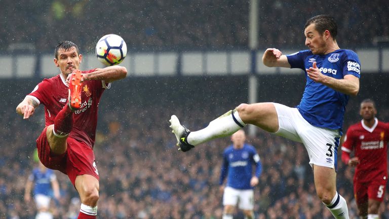 Dejan Lovren and Leighton Baines in action during the Premier League match between Everton and Liverpool at Goodison Park