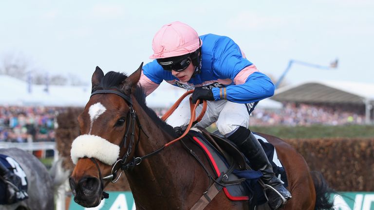 Diego Du Charmil, ridden by Harry Cobden, wins the Doom Bar Maghull Novices' Steeple Chase at Aintree 