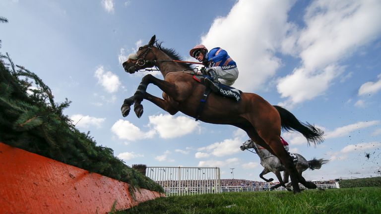 Diego Du Charmil, ridden by Harry Cobden, clears the last to win The Doom Bar Maghull Novices' Steeple Chase at Aintree