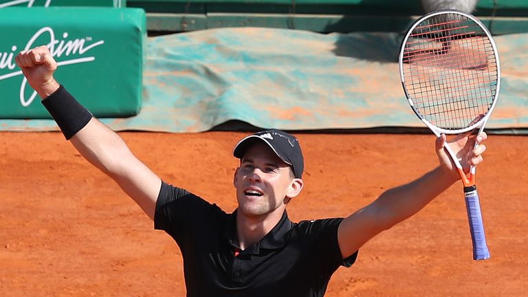 Austria's Dominic Thiem celebrates after winning his men's single tennis match against Serbia's Novak Djokovic at the Monte-Carlo ATP Masters Series Tournament on April 18, 2018 in Monaco.