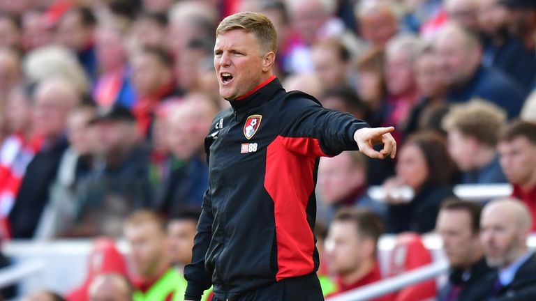 Bournemouth manager Eddie Howe gestures on the touchline during the Premier League match at Anfield