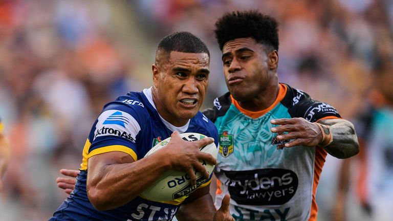 Peni Terepo of the Eels is tackled during the round four NRL match between the Wests Tigers  at ANZ Stadium