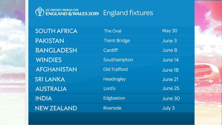 England's ICC 2019 World Cup fixtures