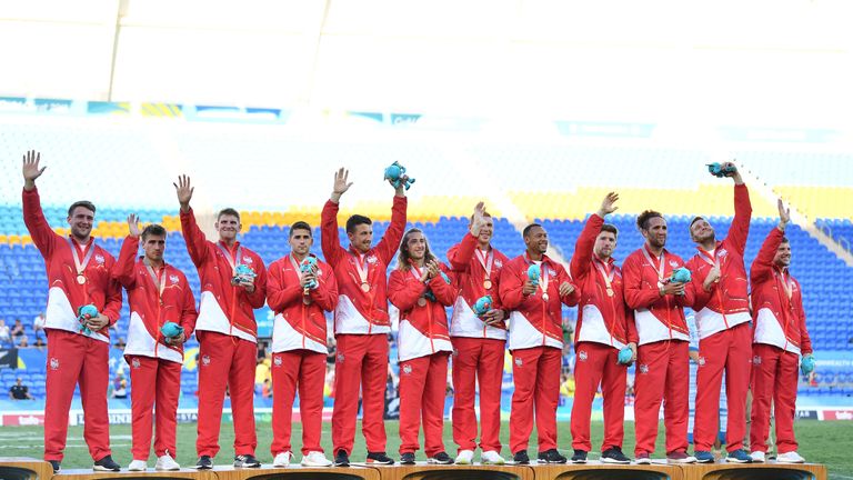 The England men's team display their bronze medals from the Rugby Sevens on day 11 of the Gold Coast 2018 Commonwealth Games 