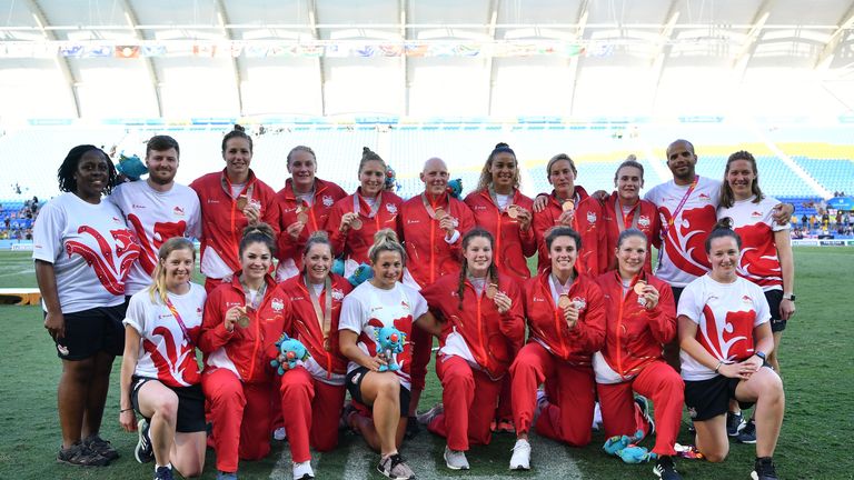 The England women's team display their bronze medals from the Rugby Sevens on day 11 of the Gold Coast 2018 Commonwealth Games
