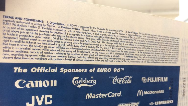 Back of one of the tickets from Euro 1996 - Credit: Hansons  Auctioneers 