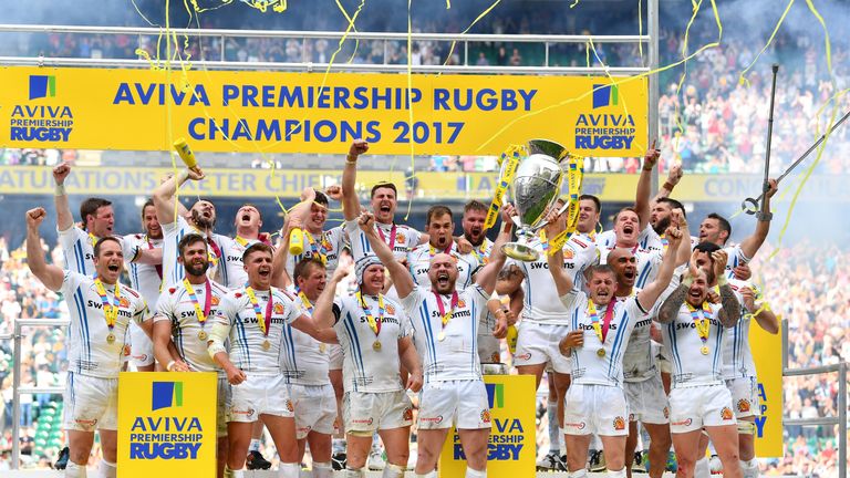 Exeter Chiefs lifting the Premiership Trophy in 2017