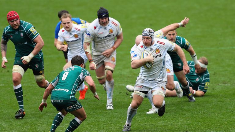 during the Aviva Premiership match between London Irish and Exeter Chiefs at Madejski Stadium on April 15, 2018 in Reading, England.