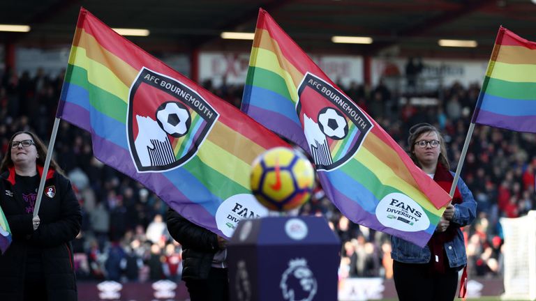 Rainbow flags are held up before the Premier League match between AFC Bournemouth and Newcastle United at Vitality Stadium on February 24, 2018 in Bournemouth, England.