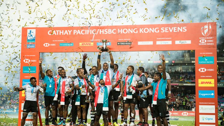 Fiji celebrating a fourth title in a row at the Cathay Pacific/HSBC Hong Kong Sevens.