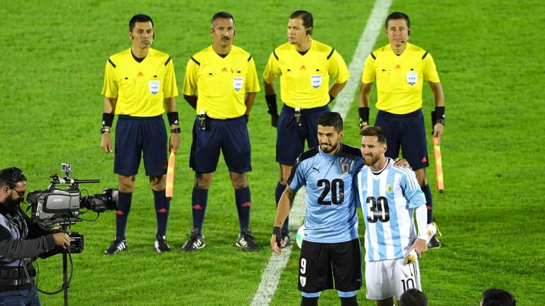 Uruguay's Luis Suarez  and Argentina's Lionel Messi promote their countries' joint bid to host the 2030 World Cup