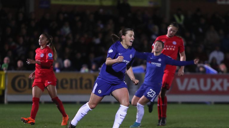 Fran Kirby during the UEFA Womens Champions League Quarter-Final: Second Leg match between Chelsea Ladies and Montpellier at The Cherry Red Records Stadium on March 28, 2018 in Kingston upon Thames, England.