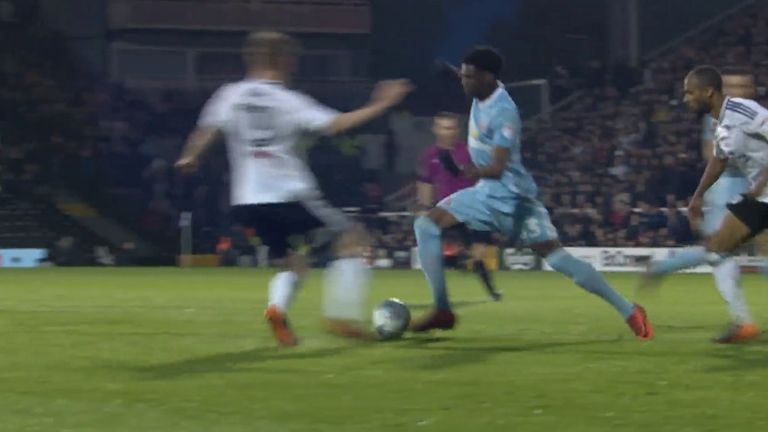 Ovie Ejaria is tackled by Fulham's Tim Ream on Friday 27th April