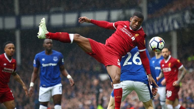 Georginio Wijnaldum wins a header during the Premier League match between Everton and Liverpool at Goodison Park