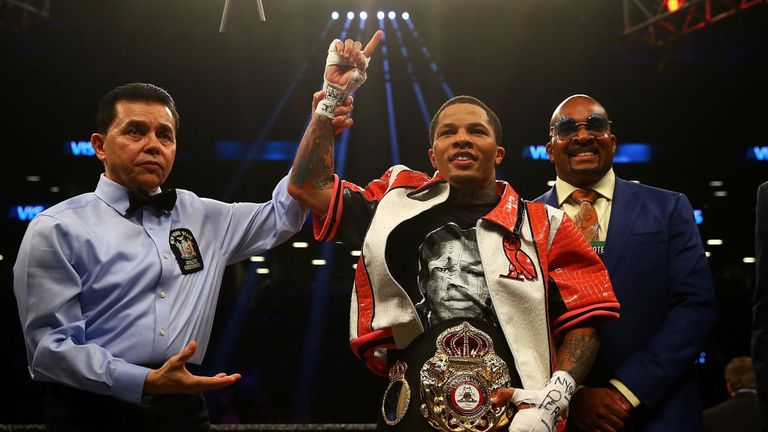 NEW YORK, NY - APRIL 21:  Gervonta Davis celebrates after he TKO's Jesus Cuellar in the third round to win the WBA Super Featherweight Championship bout at Barclays Center on April 21, 2018 in New York City.  (Photo by Mike Stobe/Getty Images)