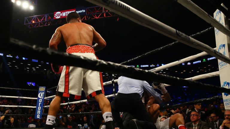 NEW YORK, NY - APRIL 21:  Gervonta Davis TKO's  Jesus Cuellar in the third round to win the WBA Super Featherweight Championship bout at Barclays Center on April 21, 2018 in New York City.  (Photo by Mike Stobe/Getty Images)