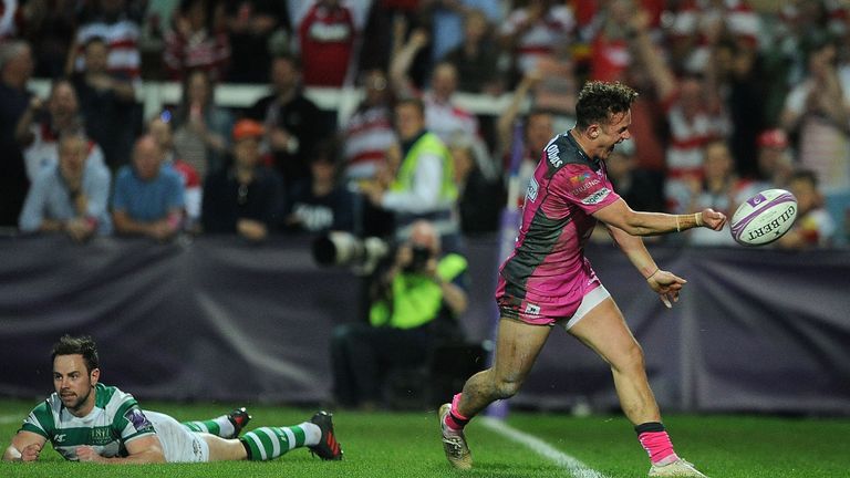 Billy Burns celebrates a try for Gloucester