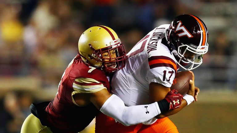 CHESTNUT HILL, MA - OCTOBER 07:  Harold Landry #7 of the Boston College Eagles tackles Josh Jackson #17 of the Virginia Tech Hokies during the first half at Alumni Stadium on October 7, 2017 in Chestnut Hill, Massachusetts.  (Photo by Tim Bradbury/Getty Images)