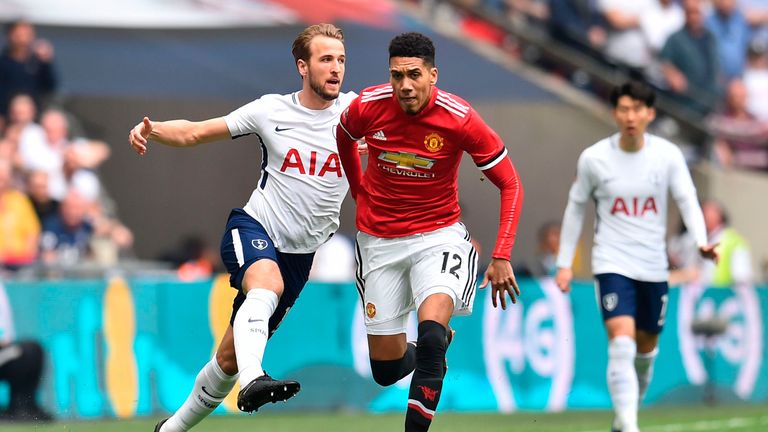 Harry Kane and Chris Smalling battle for the ball during Saturday&#39;s FA Cup semi-final