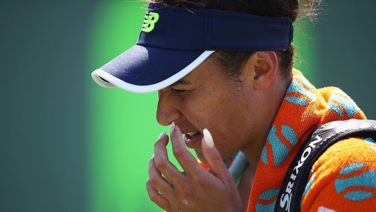 Heather Watson of Great Britain shows her dejection as she walks off court after her straight sets defeat by Beatriz Hadad Maia of Brazil in their first round match during the Miami Open Presented by Itau at Crandon Park Tennis Center on March 20, 2018 in Key Biscayne, Florida