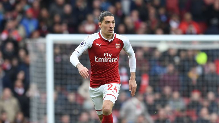 Hector Bellerin in action during the Premier League match between Arsenal and Stoke City at Emirates Stadium on April 1, 2018