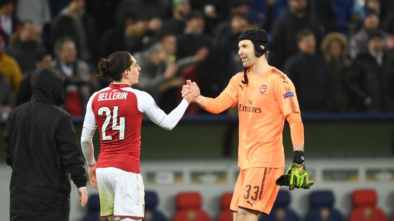 Hector Bellerin and (R) Petr Cech of Arsenal after the UEFA Europa League quarter final leg two match between CSKA Moskva and Arsenal